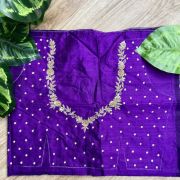 Heavy Zardozi Hand Embroidery On Neck & Buti Work All Over On Purple Unstitched Silk Blouse Piece