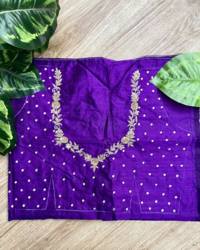 Heavy Zardozi Hand Embroidery On Neck & Buti Work All Over On Purple Unstitched Silk Blouse Piece