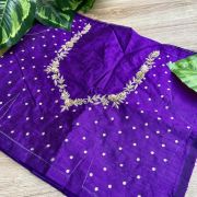 Heavy Zardozi Hand Embroidery On Neck & Buti Work All Over On Purple Unstitched Silk Blouse Piece