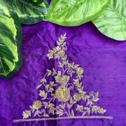 Heavy Zardozi Hand Embroidery On Neck & Buti Work All Over On Purple Unstitched Silk Blouse Piece