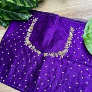 Heavy Zardozi Hand Embroidery On Neck & Buti Work All Over On Purple Unstitched Silk Blouse Piece