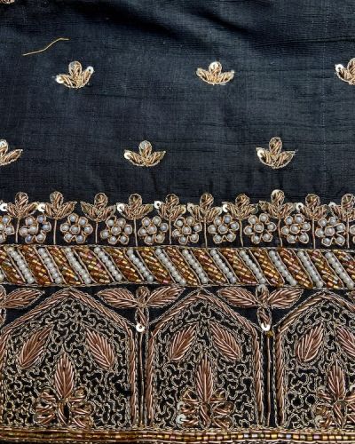Heavy Zardozi Hand Embroidery On Neck & Buti Work All Over On Black Unstitched Silk Blouse Piece