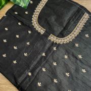 Heavy Zardozi Hand Embroidery On Neck & Buti Work All Over On Black Unstitched Silk Blouse Piece