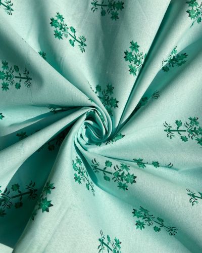 Floral Pattern Print On Rama Green Pure Cotton Fabric