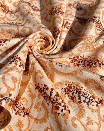 Abstract Leaf Print On Pure Peach Cotton Fabric