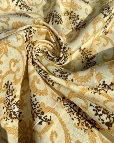 Abstract Leaf Print On Pure Lemon Yellow Cotton Fabric