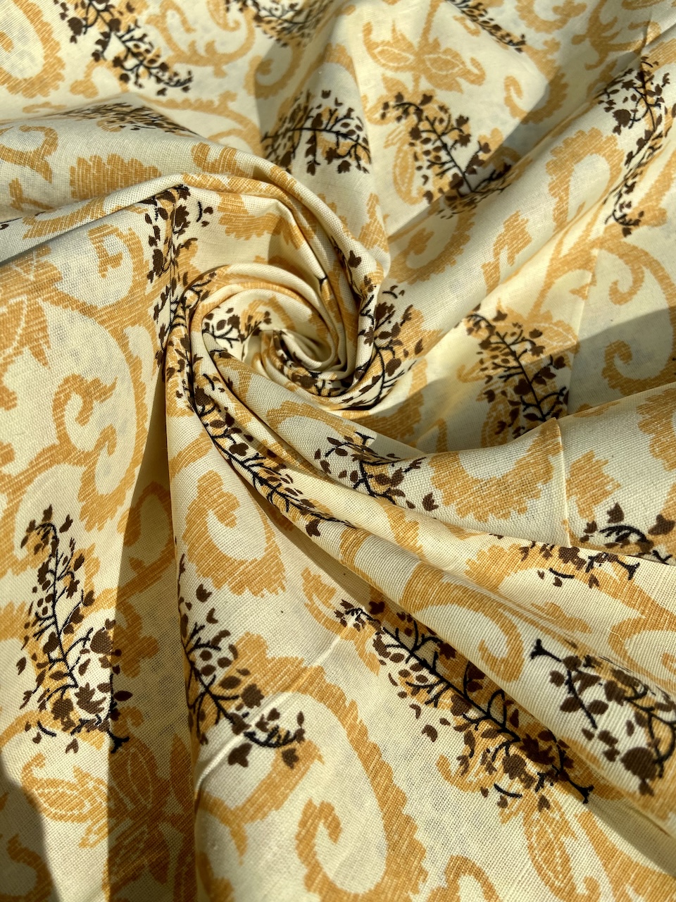 Abstract Leaf Print On Pure Lemon Yellow Cotton Fabric