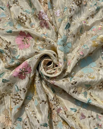 Light Gold Cosmos Silk With All Over Heavy Sequin & Zari Embroidery Fabric