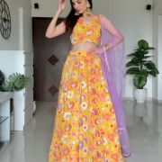 Yellow Multi Colored Floral Pattern Lehenga