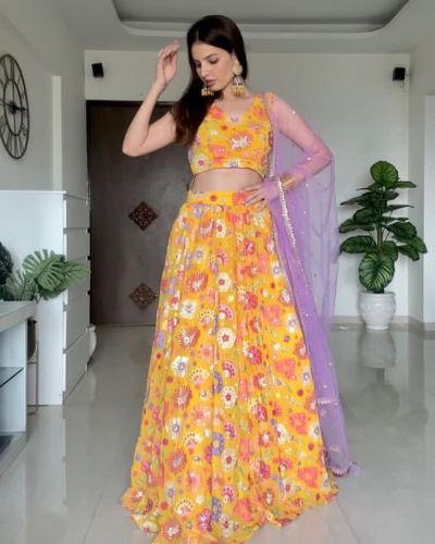 Yellow Multi Colored Floral Pattern Lehenga