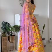 Yellow Multi Colored Floral Pattern Lehenga