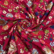 All Over Multi Floral Thread Embroidery On Rani Pink Georgette Fabric