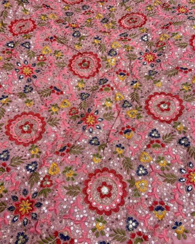 Multicolour Thread & Sequin Floral Embroidery On Baby Pink Georgette Fabric