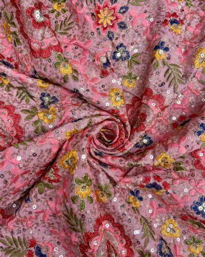 Multicolour Thread & Sequin Floral Embroidery On Baby Pink Georgette Fabric