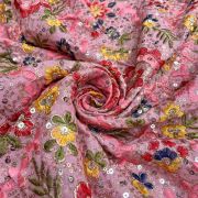 Multicolour Thread & Sequin Floral Embroidery On Baby Pink Georgette Fabric