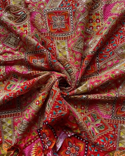 Multicolour Position Print With Heavy Cording Dori & Sequin Embroidery On Pink Chinon Fabric