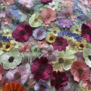 Multicolour Flower Applique On Pishta Green Big Width Net Fabric