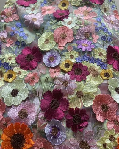 Multicolour Flower Applique On Pishta Green Big Width Net Fabric