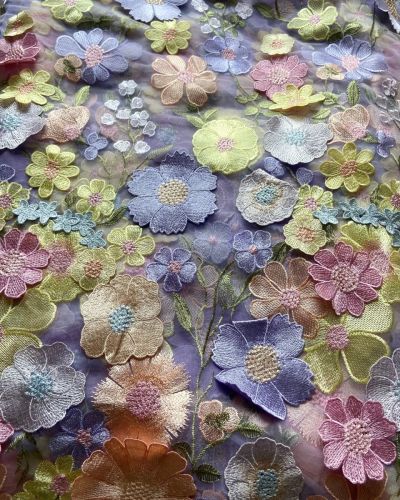 Multicolour Flower Applique On Lavender Purple Big Width Net Fabric