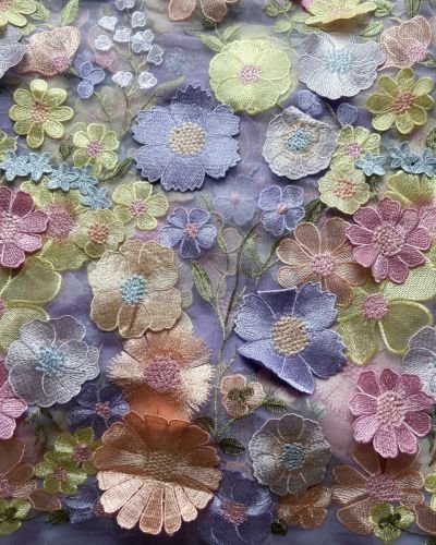 Multicolour Flower Applique On Lavender Purple Big Width Net Fabric