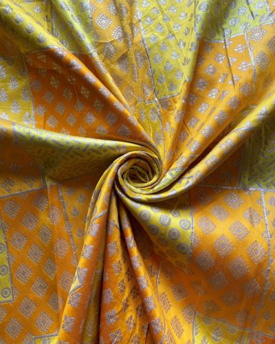 Yellow Multi Printed Banarasi Brocade Zari Jacquard Fabric