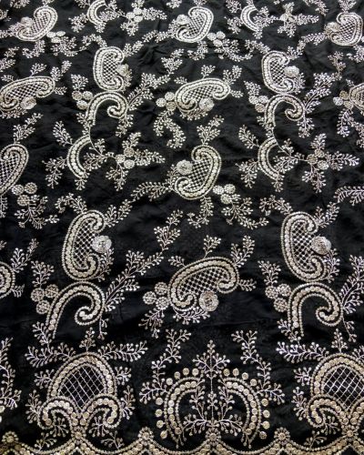 All Over Floral Pattern Light Gold Sequin & Zari Embroidery On Big Panna Black Georgette Fabric