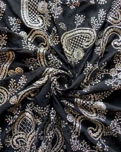 All Over Floral Pattern Light Gold Sequin & Zari Embroidery On Big Panna Black Georgette Fabric