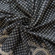 All Over Check Pattern Light Gold Sequin & Zari Embroidery On Small Panna Black Georgette Fabric