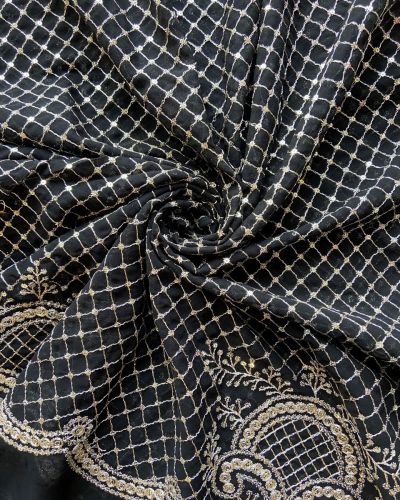 All Over Check Pattern Light Gold Sequin & Zari Embroidery On Small Panna Black Georgette Fabric