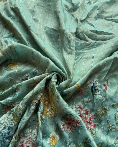 Mukaish & Sequin Vertical Embroidery With Heavy Sequin & Thread Daman Work On Aqua Blue/Firozi Cosmos Silk Fabric