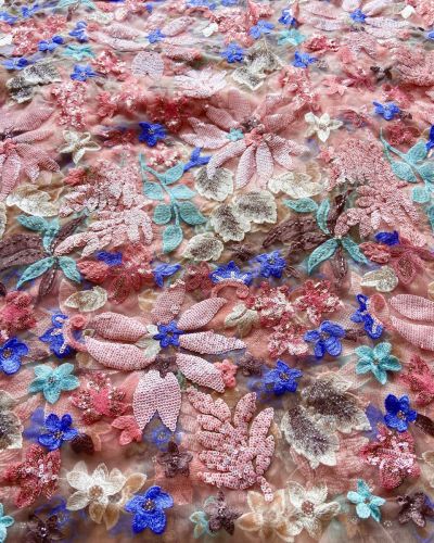 All Over Multicolour Floral Pattern Sequin Embroidery On Peach Net Fabric