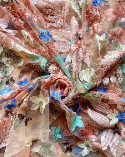 All Over Multicolour Floral Pattern Sequin Embroidery On Peach Net Fabric