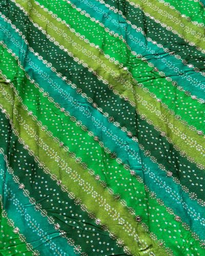 Green Bandhani Position Print In Leheriya Pattern with Zari & Sequin Embroidery On Chinon Fabric