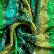 Green Bandhani Position Print In Leheriya Pattern with Zari & Sequin Embroidery On Chinon Fabric