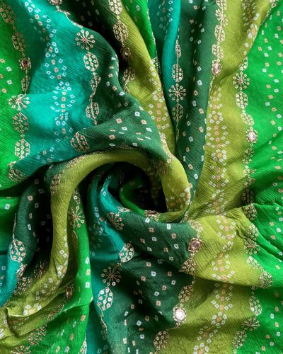 Green Bandhani Position Print In Leheriya Pattern with Zari & Sequin Embroidery On Chinon Fabric