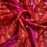 Red Bandhani Position Print In Leheriya Pattern with Zari & Sequin Embroidery On Chinon Fabric