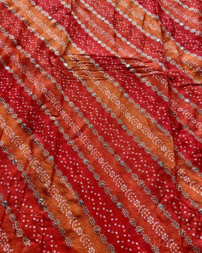 Orange Bandhani Position Print In Leheriya Pattern with Zari & Sequin Embroidery On Chinon Fabric
