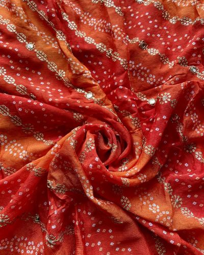 Orange Bandhani Position Print In Leheriya Pattern with Zari & Sequin Embroidery On Chinon Fabric