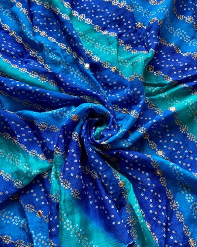 Blue Bandhani Position Print In Leheriya Pattern with Zari & Sequin Embroidery On Chinon Fabric