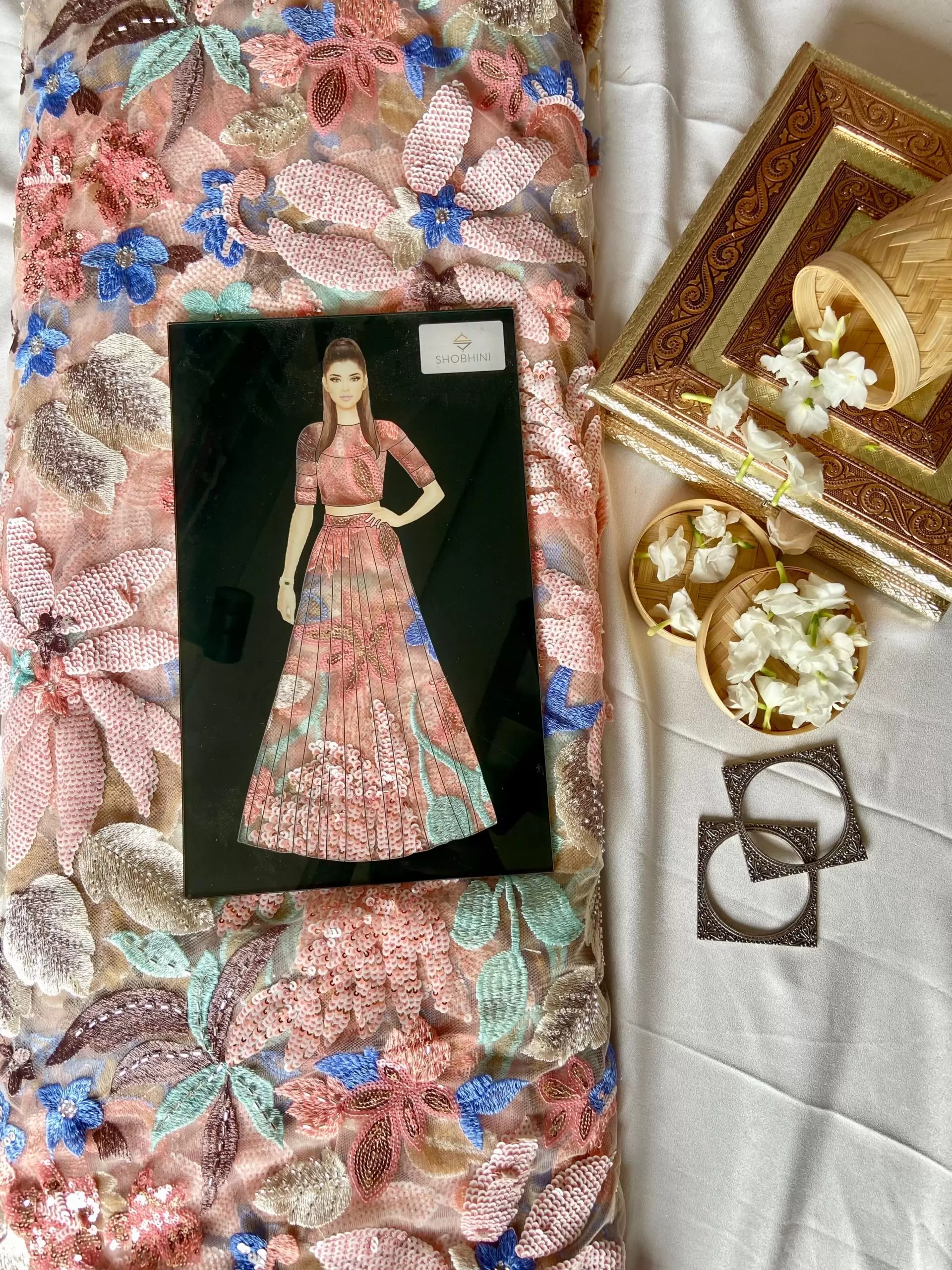 All Over Multicolour Floral Pattern Sequin Embroidery On Peach Net Fabric