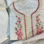 Multicolour Floral Thread & Mirror Work On Off White Chikankari Unstitched Georgette Suit Piece