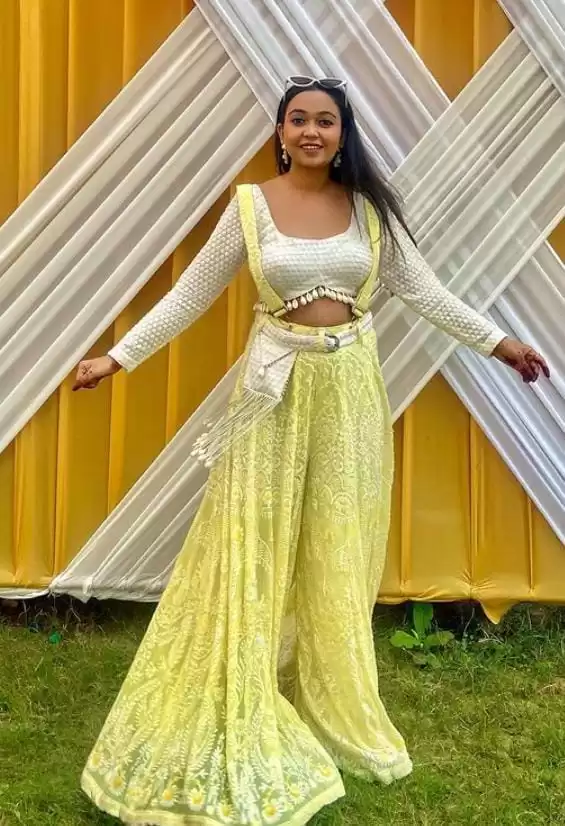 White Thread & Sequin Embroidery On Lemon Yellow Viscose Georgette Dungaree