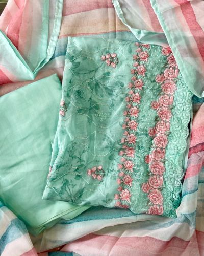 Floral Print & Floral Thread Work On Unstitched Organza Suit Piece