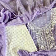 White Thread Work On Printed Cotton Lavender Unstitched Suit Piece