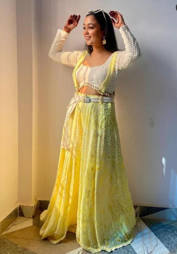 White Thread & Sequin Embroidery On Lemon Yellow Viscose Georgette Dungaree