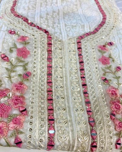 Multicolour Floral Thread & Mirror Work On Off White Chikankari Unstitched Georgette Suit Piece