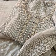 Chikankari White Thread & Mirror Work On Unstitched Georgette Suit Piece