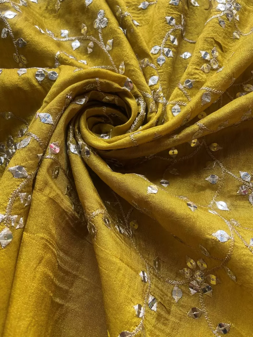 All Over Zari & Sequin Embroidery In Floral Jaal Pattern On Lime Green Cosmos Silk Fabric
