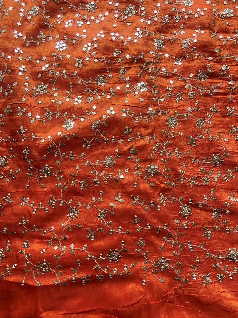 All Over Zari & Sequin Embroidery In Floral Jaal Pattern On Orange Cosmos Silk Fabric