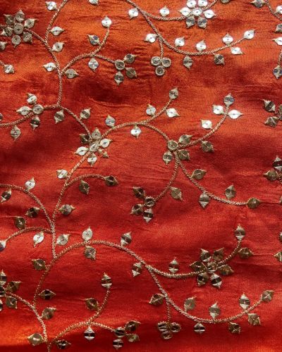 All Over Zari & Sequin Embroidery In Floral Jaal Pattern On Orange Cosmos Silk Fabric